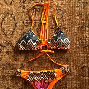 Bright orange tribal print bikini